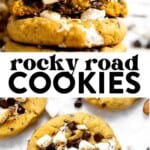 two images of rocky road cookies stacked and then a toasted rocky road cookie on a counter