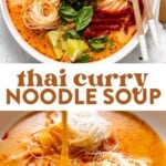 two images of curry noodle soup in a bowl and pouring coconut curry soup over rice sticks