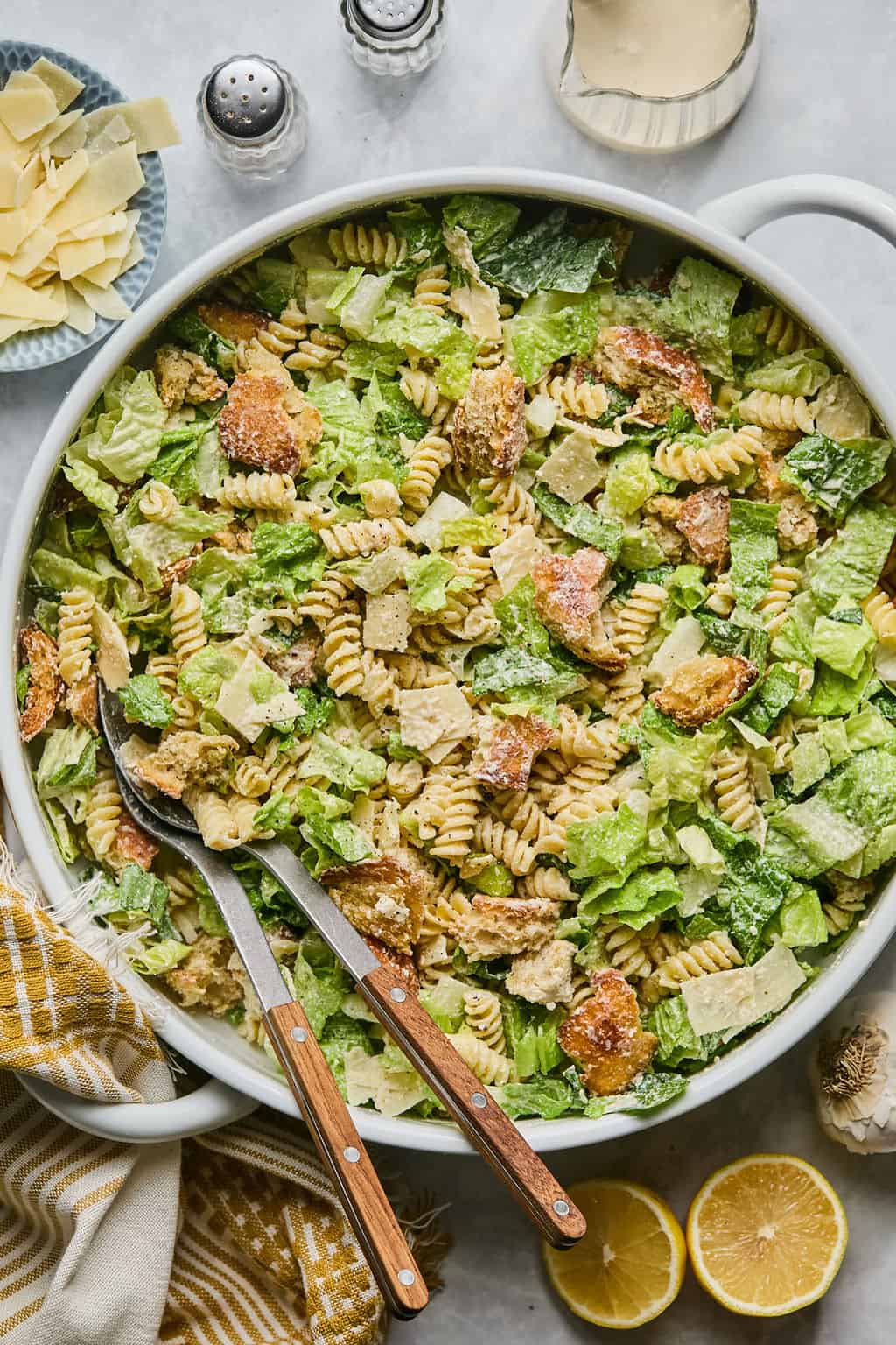 caesar pasta salad in a serving bowl.