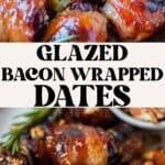 glazed bacon wrapped dates and then galzed bacon wrapped dates stacked on a black plate