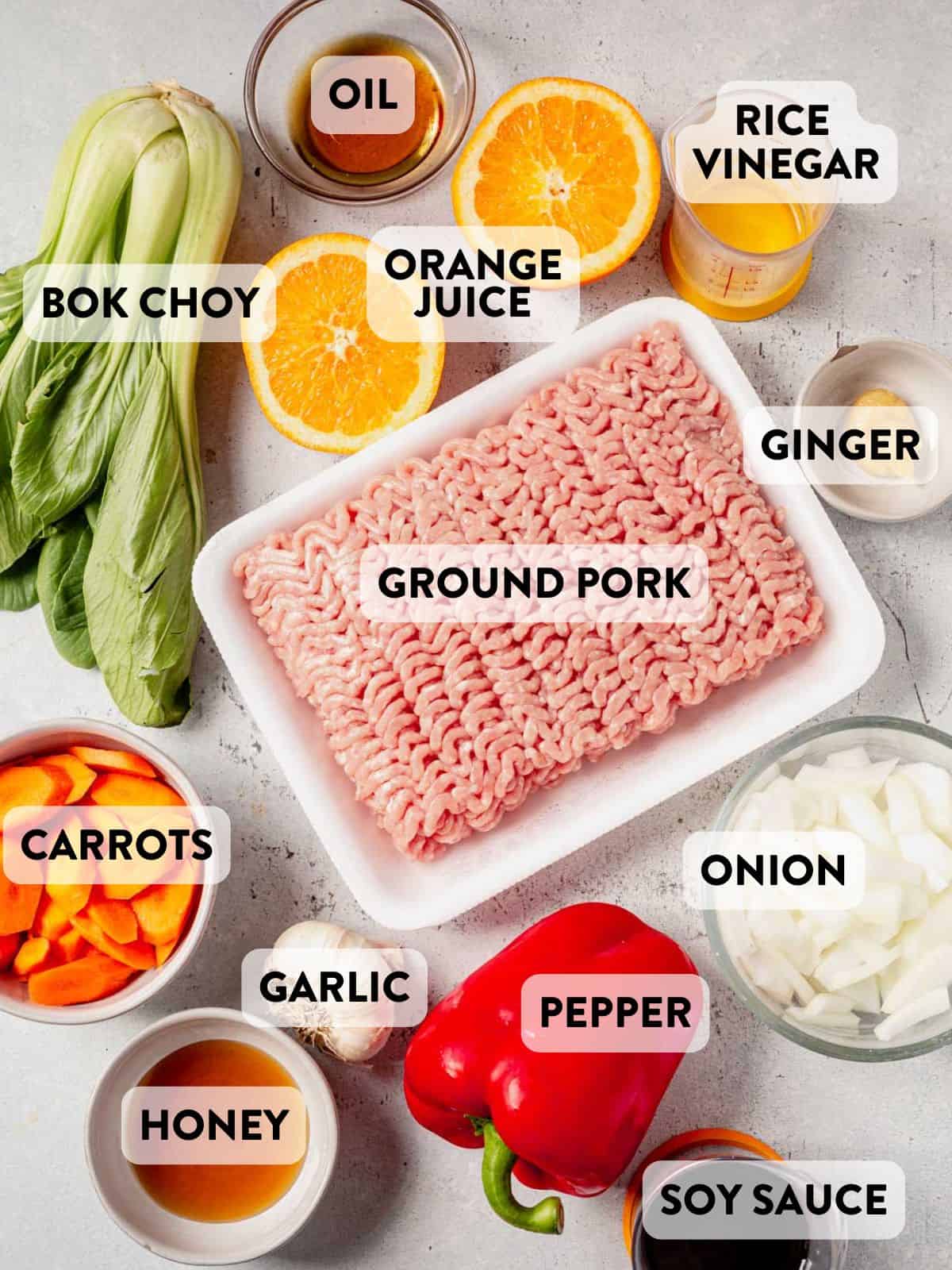 ingredients for ground pork stir fry on a counter.