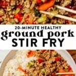 two images of ground pork stir fry in a pan and then pork stir fry in a bowl with rice.