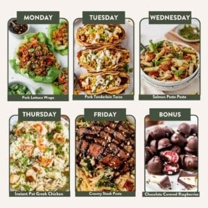 meal plans image showing 5 dinner recipes for each day.