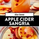 two images of apple cider sangria in a mason jar and then sangria mixed in a large pitcher.