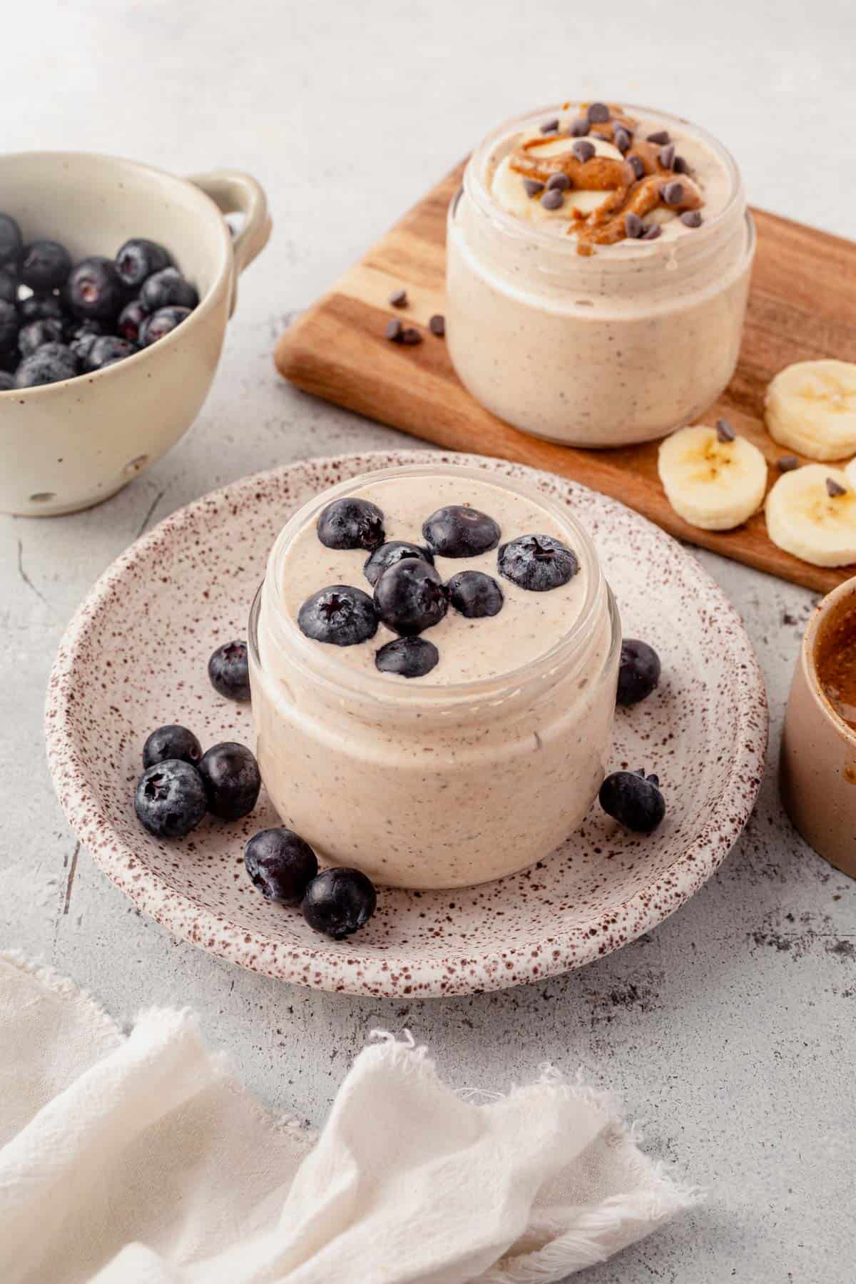 blended overnight oats in a glass jar.