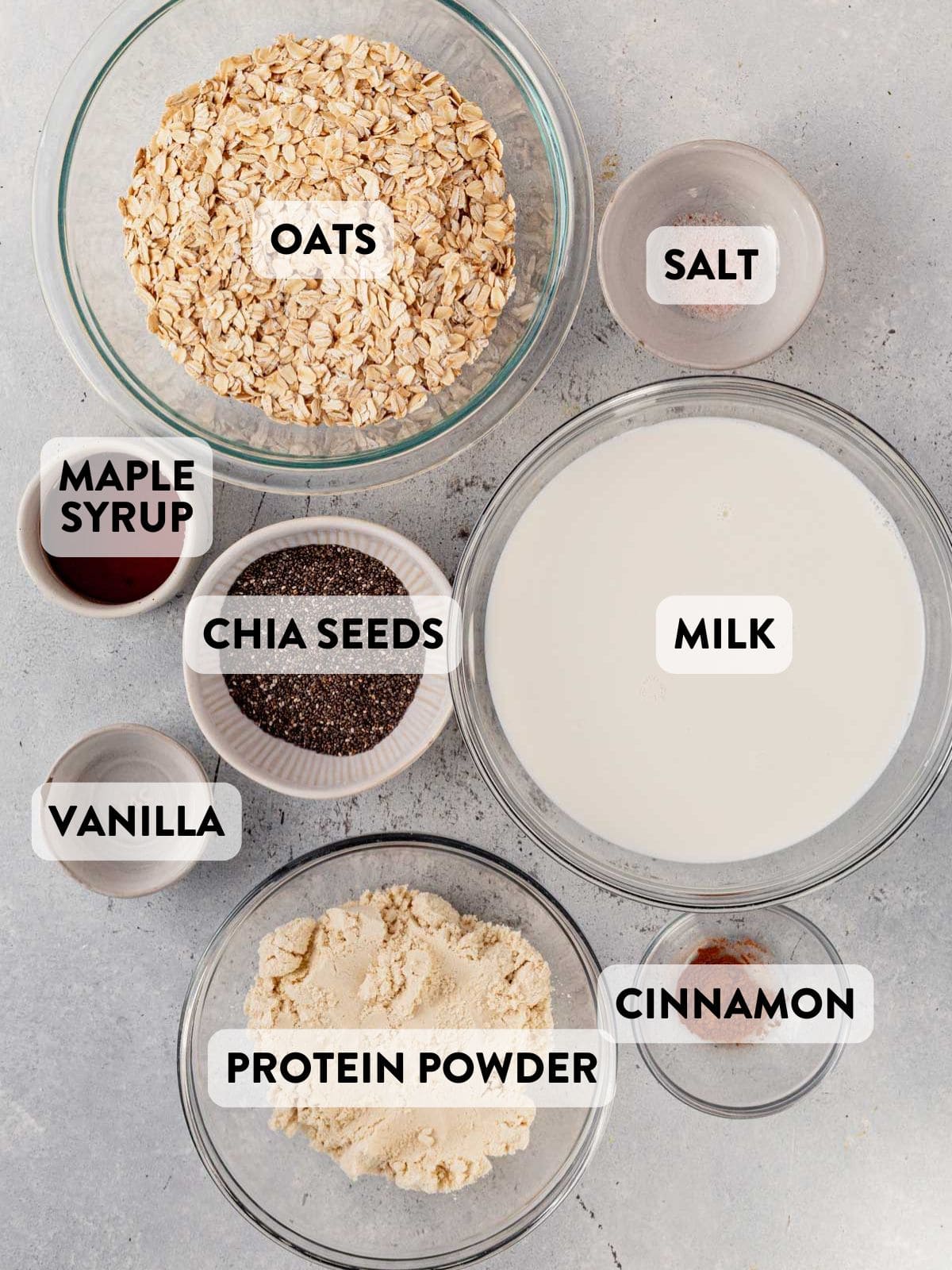 blended overnight oat ingredients on a counter top.