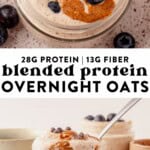 blended protein overnight oats in a glass jar topped with peanut butter and blueberries