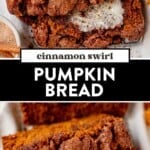 two images of sliced cinnamon swirl pumpkin bread on a counter.