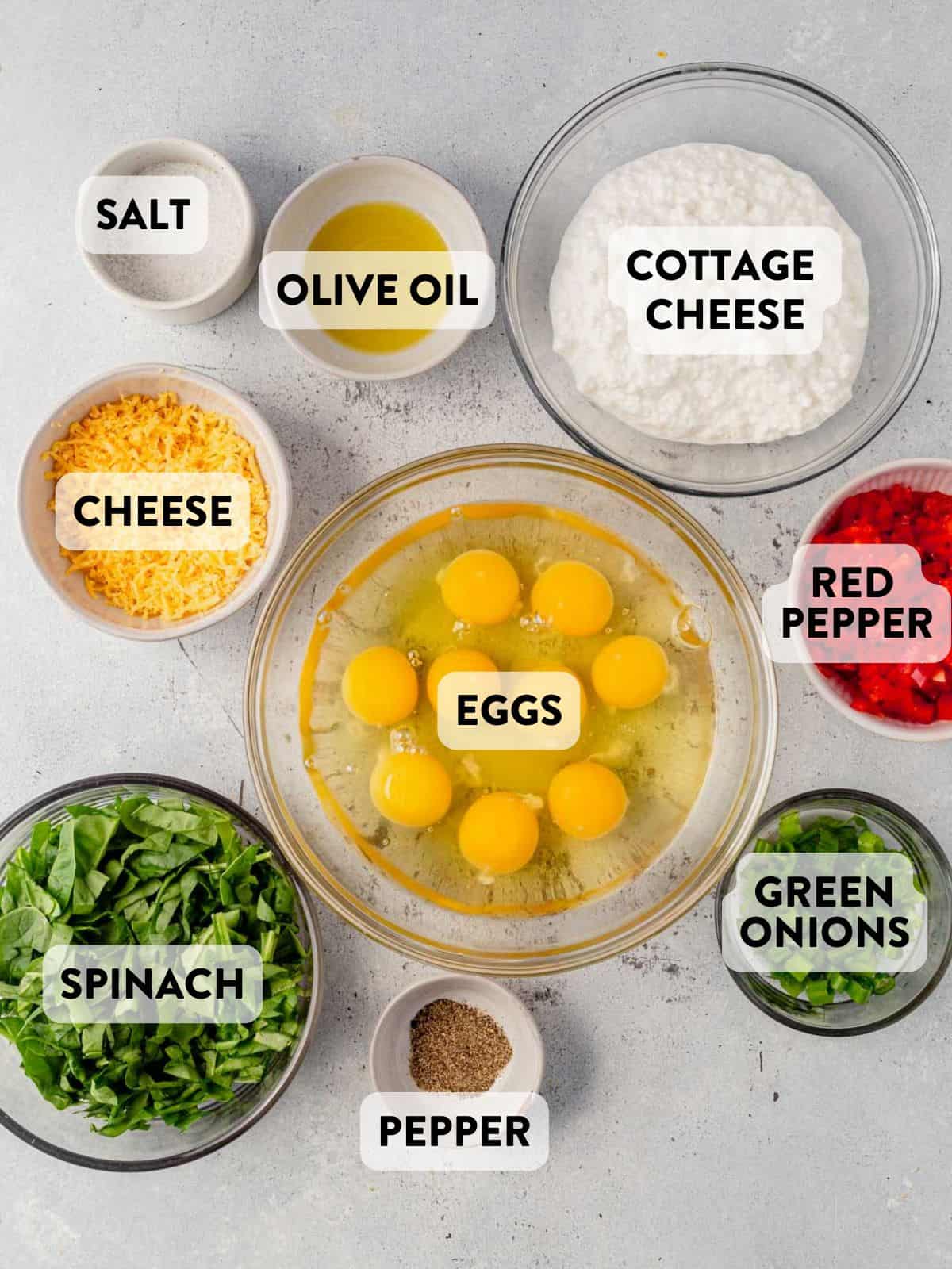 ingredients for cottage cheese egg bites on a counter.