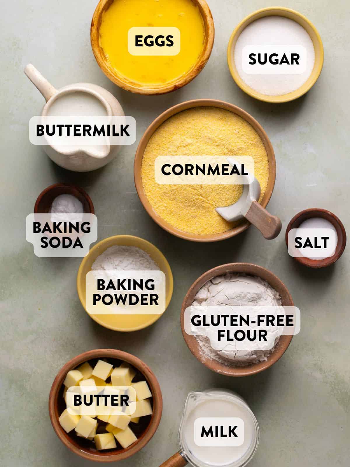 ingredients for gluten free cornbread on a countertop.