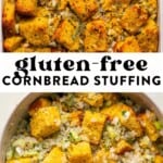 two images of gluten free cornbread stuffing in a casserole dish and then pouring broth over unbaked cornbread stuffing mix.