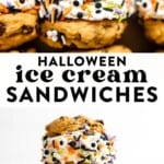 two images of halloween ice cream sandwiches in a tray and then two sandwiches stacked on a plate.