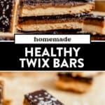 two images of healthy twix bars stacked on a plate and then a healthy twix bar with a bite missing.