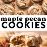 two images of iced maple pecan cookies on parchment paper and then a stack of them on a plate.