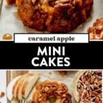 two images of a mini apple cake and then a batch of them on a serving tray.