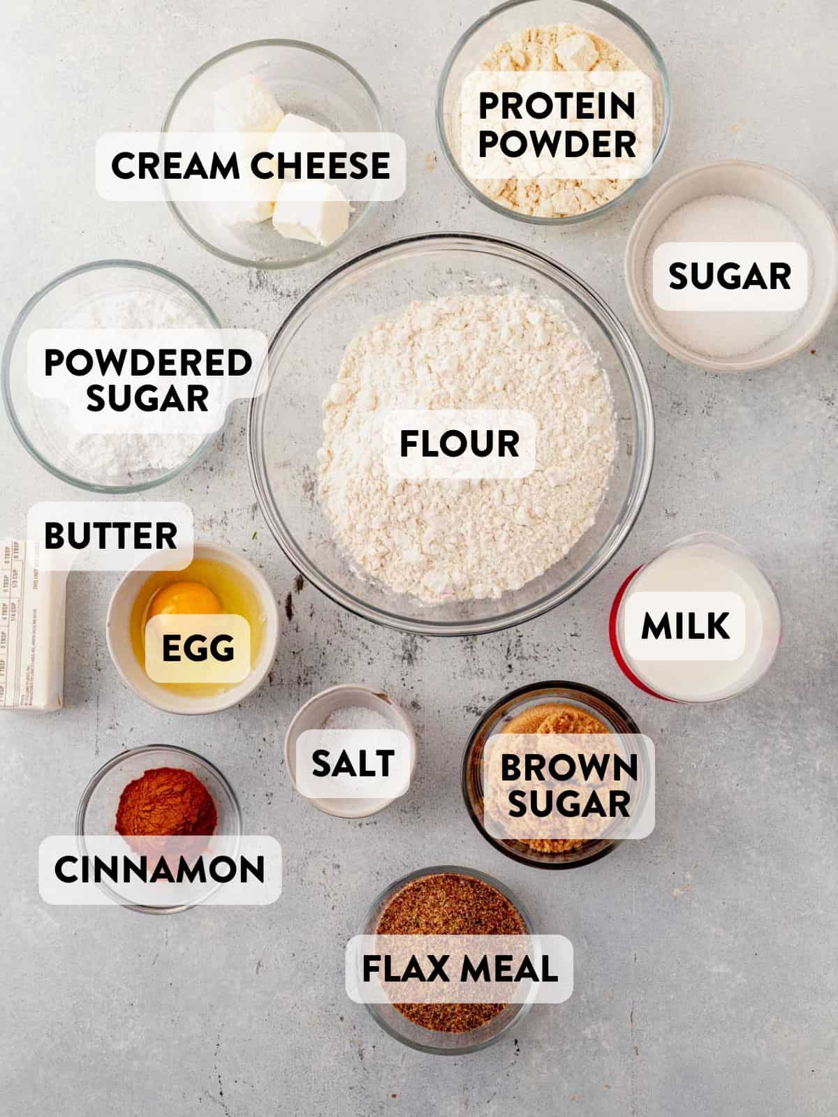 protein cinnamon roll ingredients on a countertop.