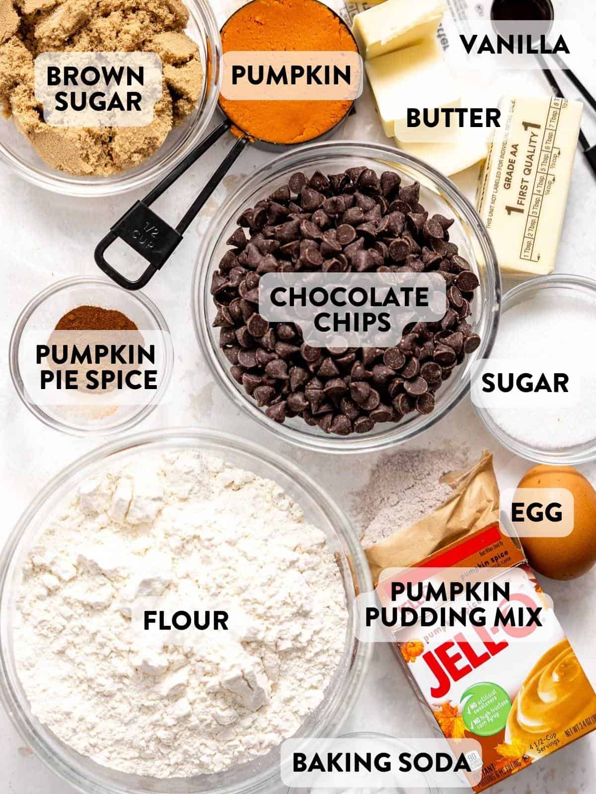 ingredients for pumpkin pudding cookies on a countertop.