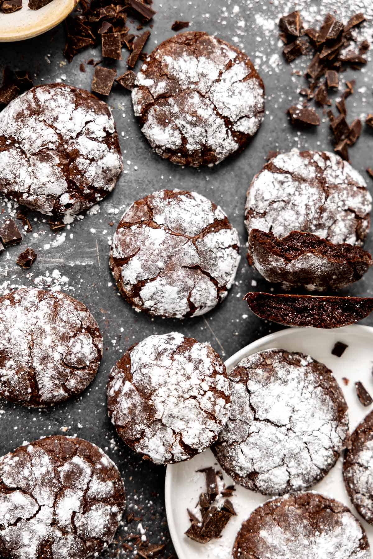 gluten free chocolate crinkle cookies on a countertop.