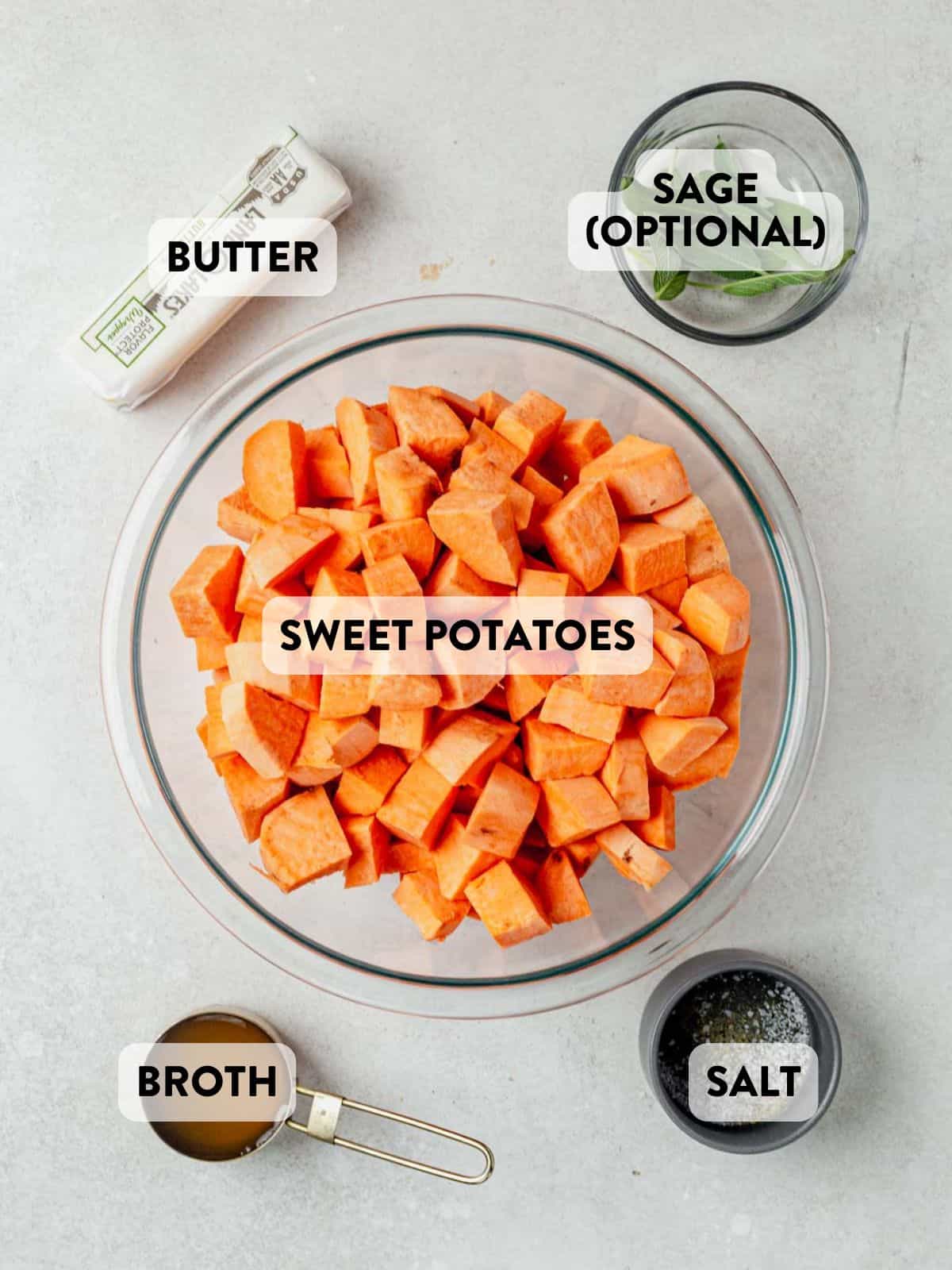 ingredients for brown butter mashed sweet potatoes on a countertop.