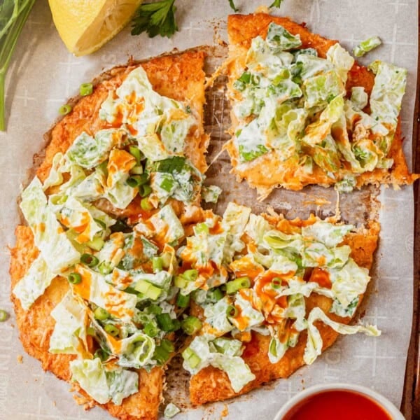 buffalo chicken crust pizza cut into triangles.