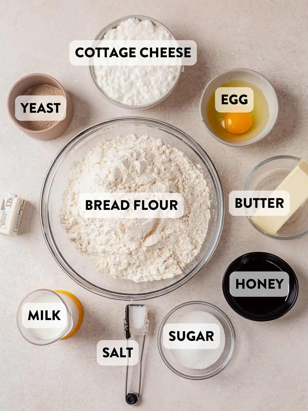 cottage cheese dinner roll ingredients on a countertop.