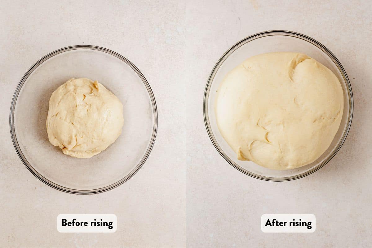 two images of cottage cheese dinner roll dough before and after rising.