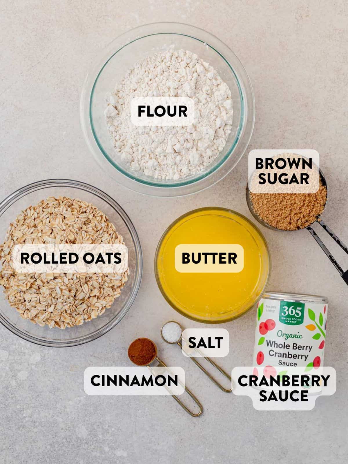 ingredients for cranberry oatmeal bars on a countertop.