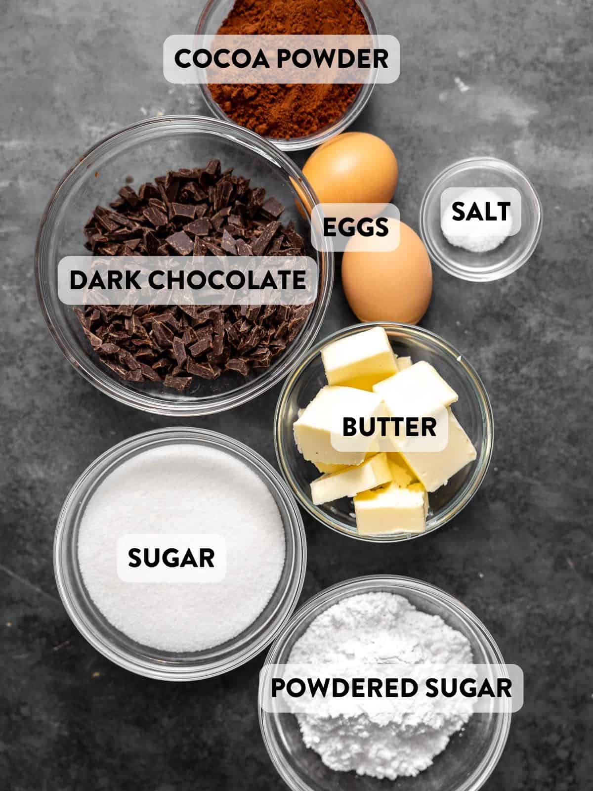 ingredients for gluten free chocolate crinkle cookies on a countertop.