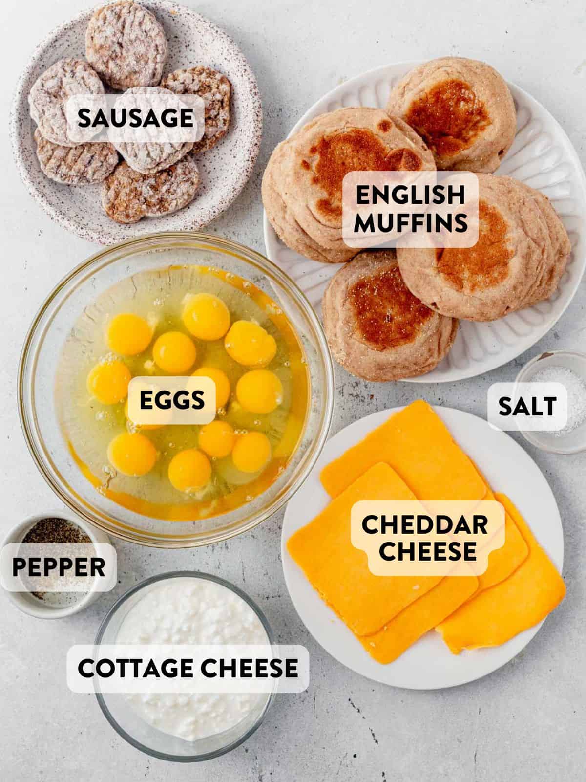 ingredients for protein breakfast sandwiches on a countertop.