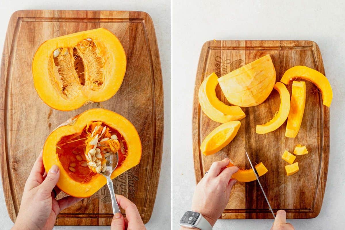 two images of scooping seeds out of a sugar pumpkin and then peeling and dicing it into cubes.