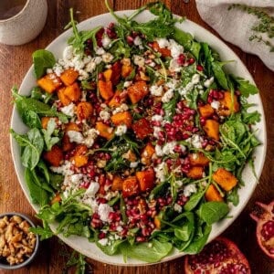 pumpkin and feta salad in a serving bowl.