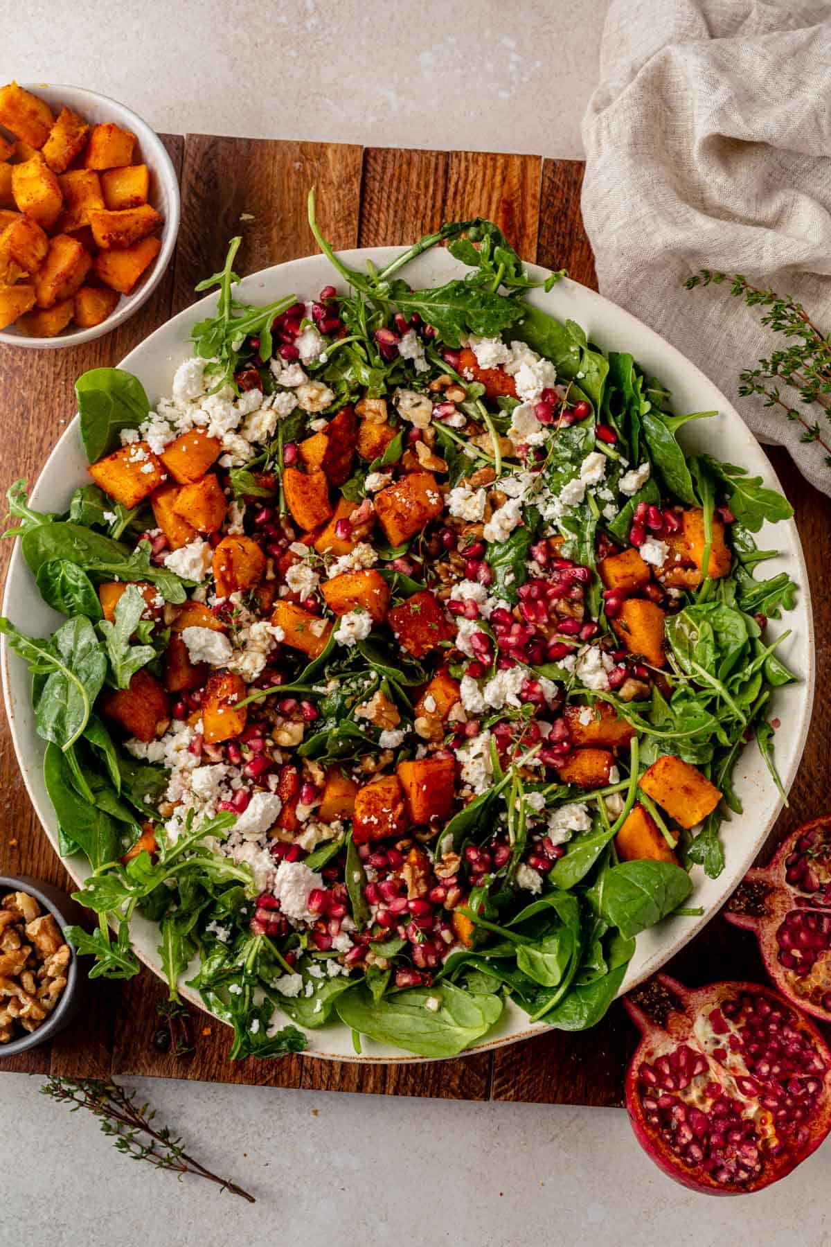 pumpkin feta salad in a serving bowl.