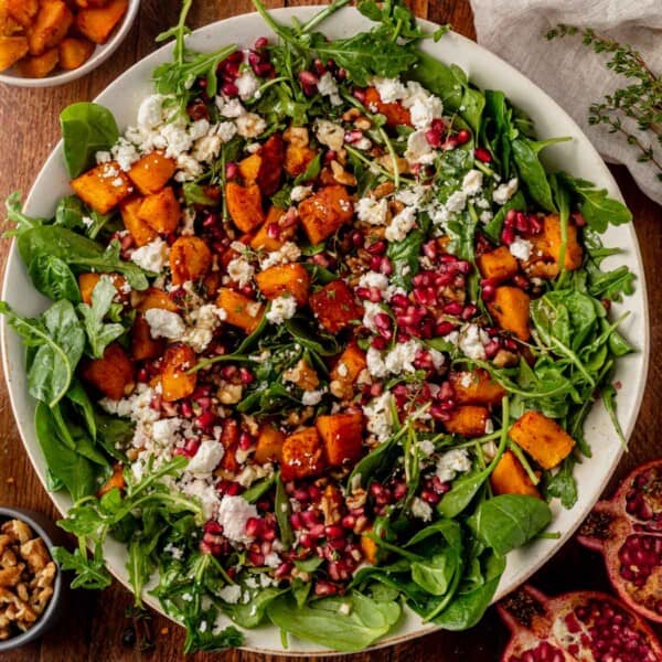 pumpkin feta salad in a serving bowl.