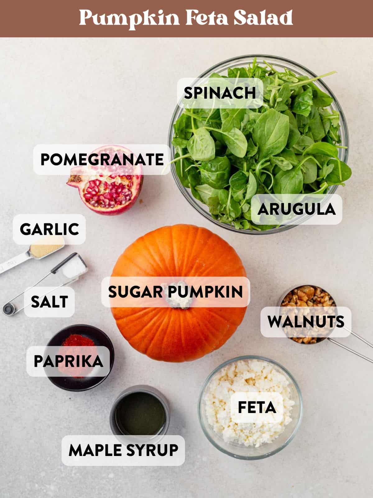 pumpkin feta salad ingredients on a countertop.