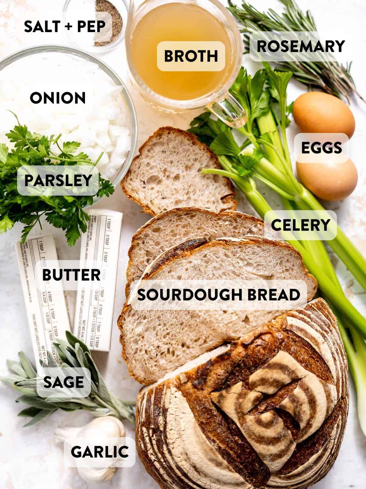 ingredients for sourdough stuffing on a countertop.