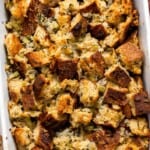 sourdough stuffing in a casserole dish.