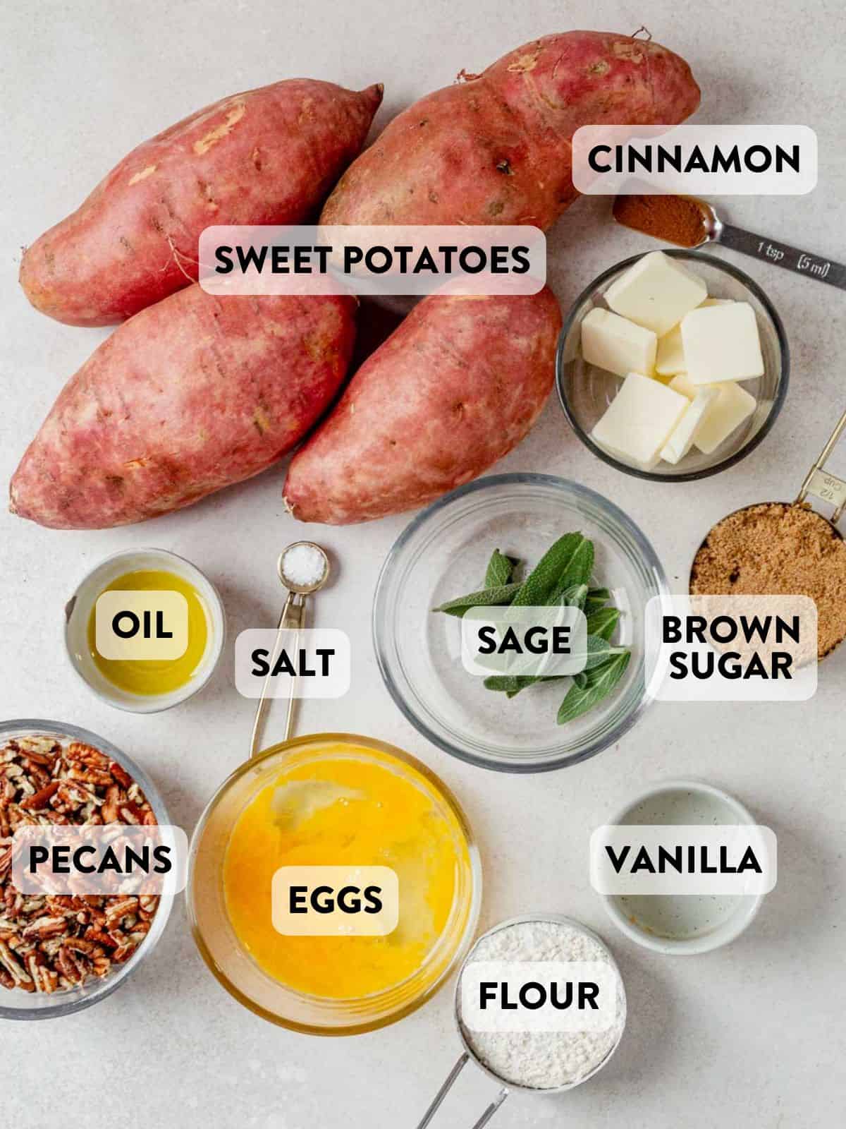 streusel topped sweet potato casserole ingredients on a countertop.