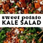 two images of sweet potato kale salad in a bowl and then tossed with forks.