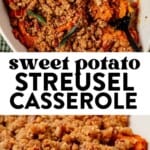 two images of sweet potato casserole in a dish and then scooping it out of the casserole dish.