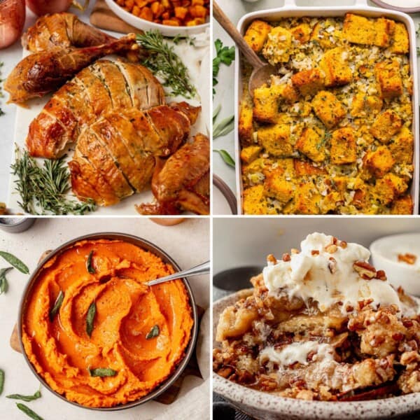 four images of turkey, mashed potatoes, pecan pie, and stuffing.