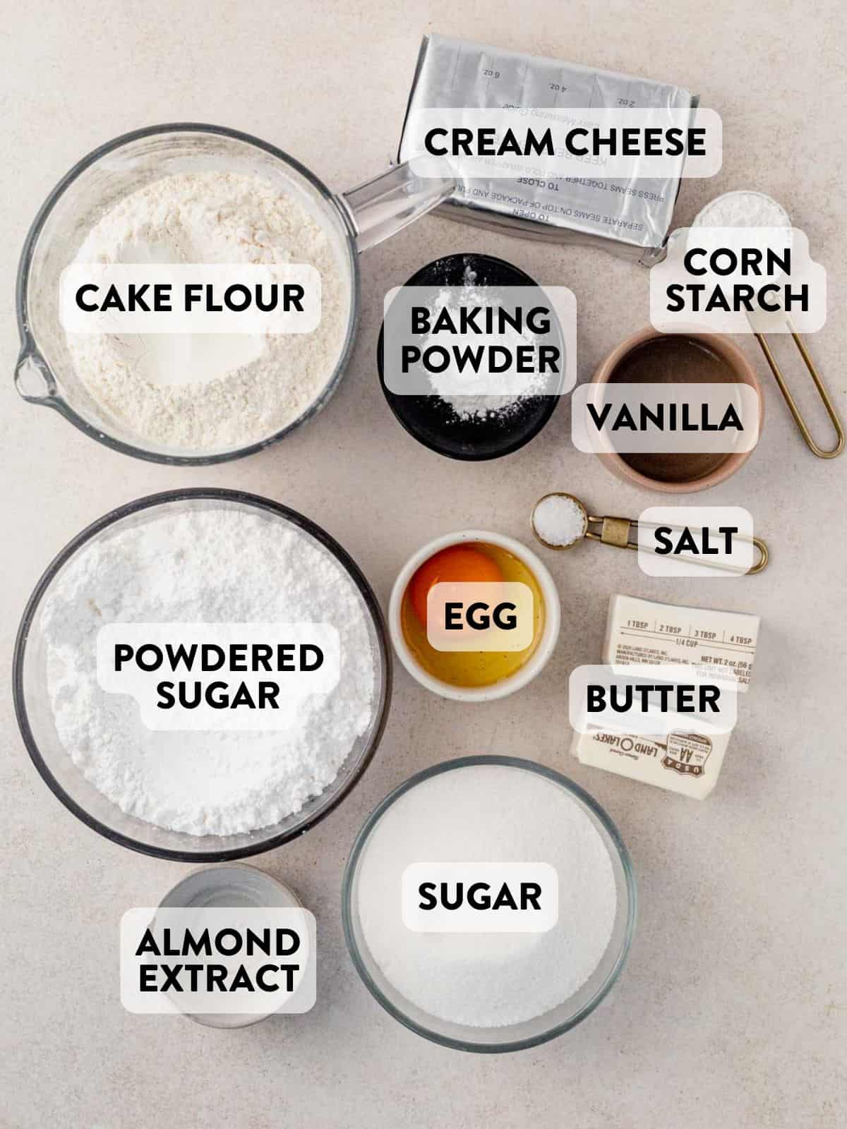 ingredients for butter cake cookies on a countertop.