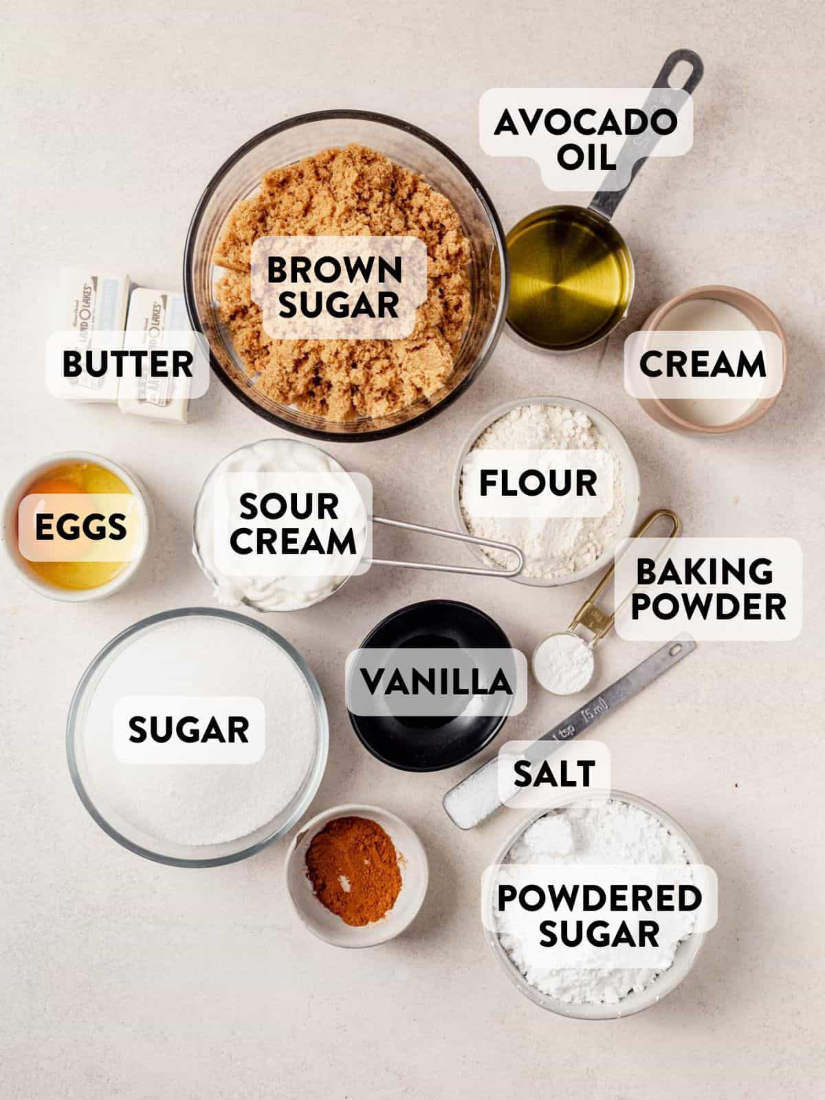 ingredients for coffee cake cookies on a counter top.