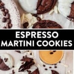 two images of espresso martini cookies on a counter.