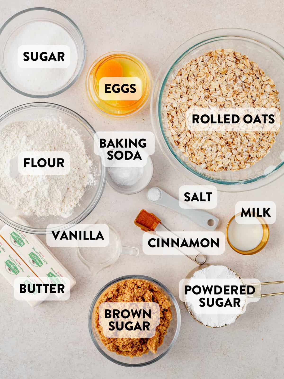 oatmeal cookie ingredients on a countertop.