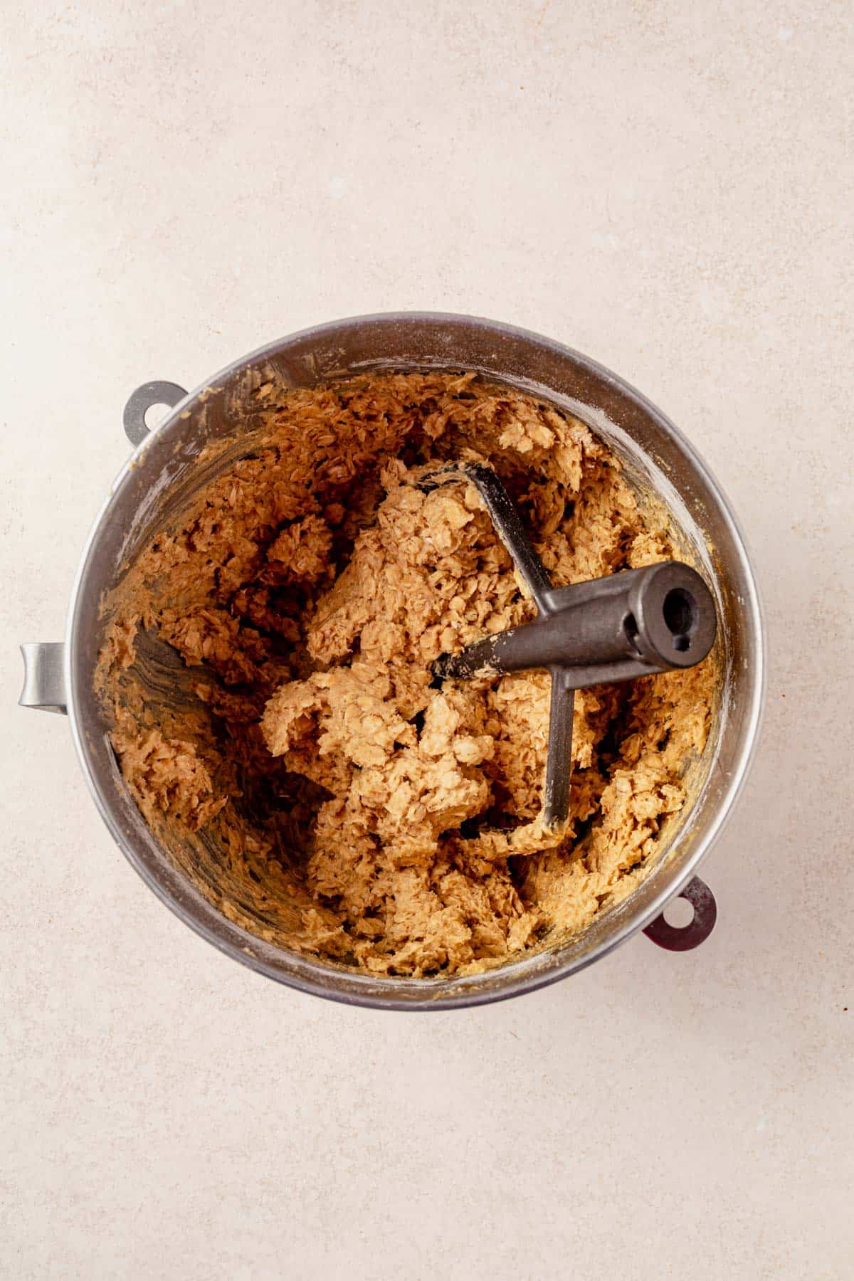 oatmeal cookie dough in a stand mixer.