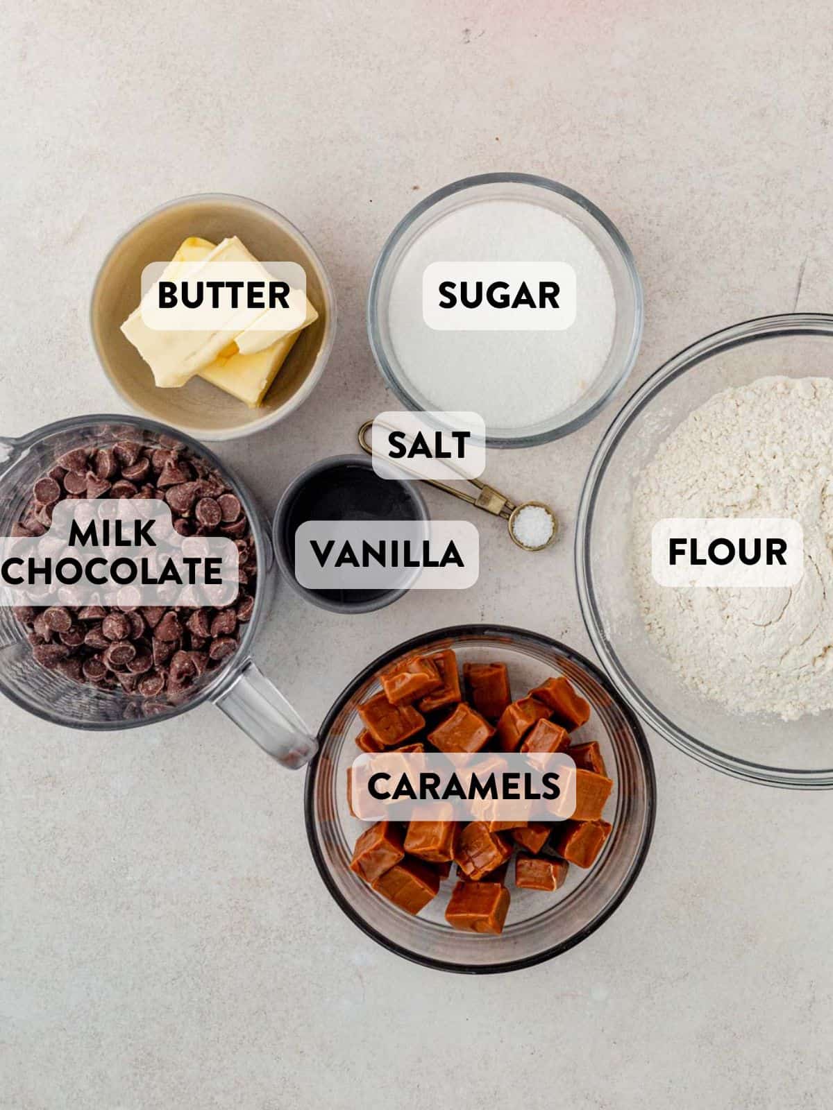 ingredients for millionaires cookies on a counter.