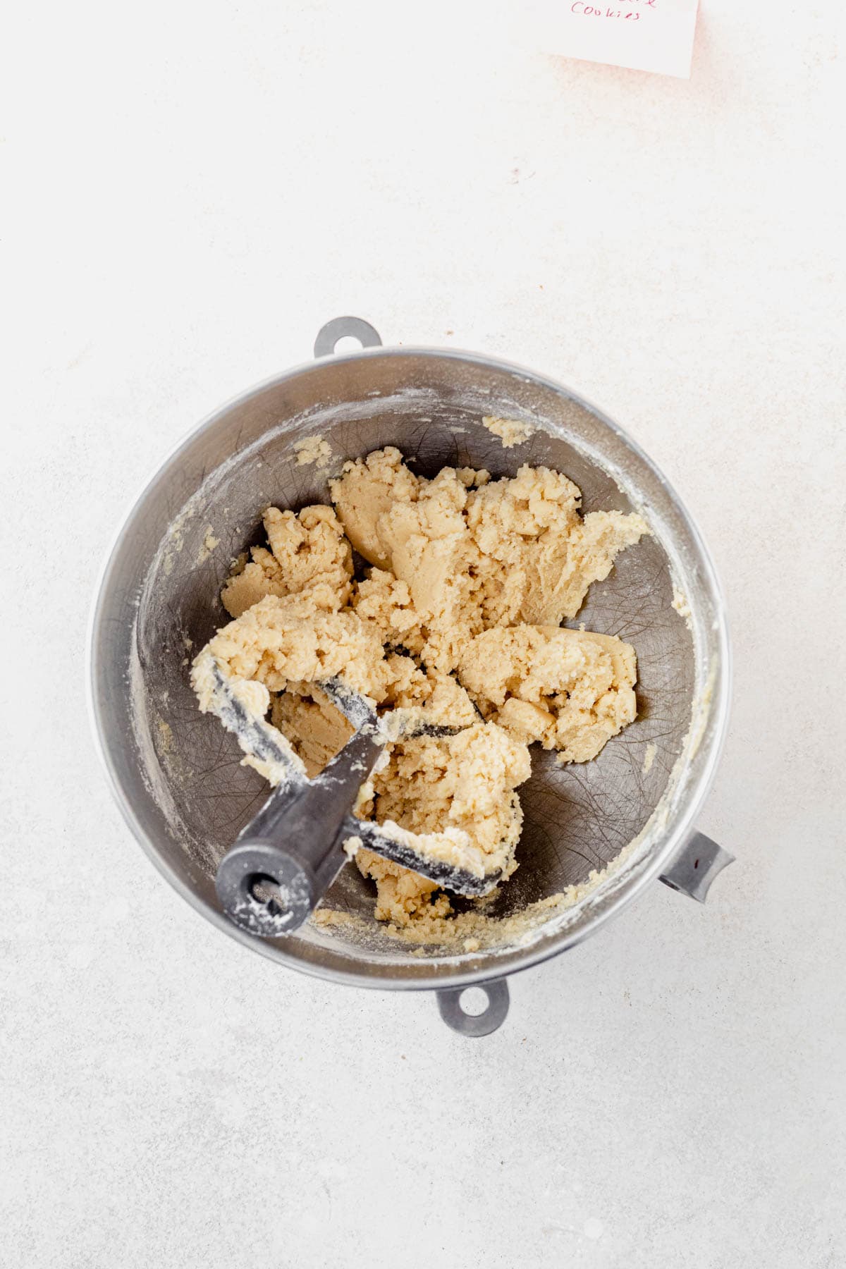 shortbread cookie dough in a stand mixer bowl.