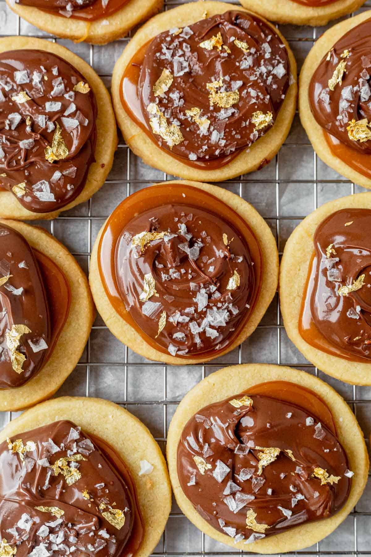 millionaires shortbread cookies on a cooling rack.