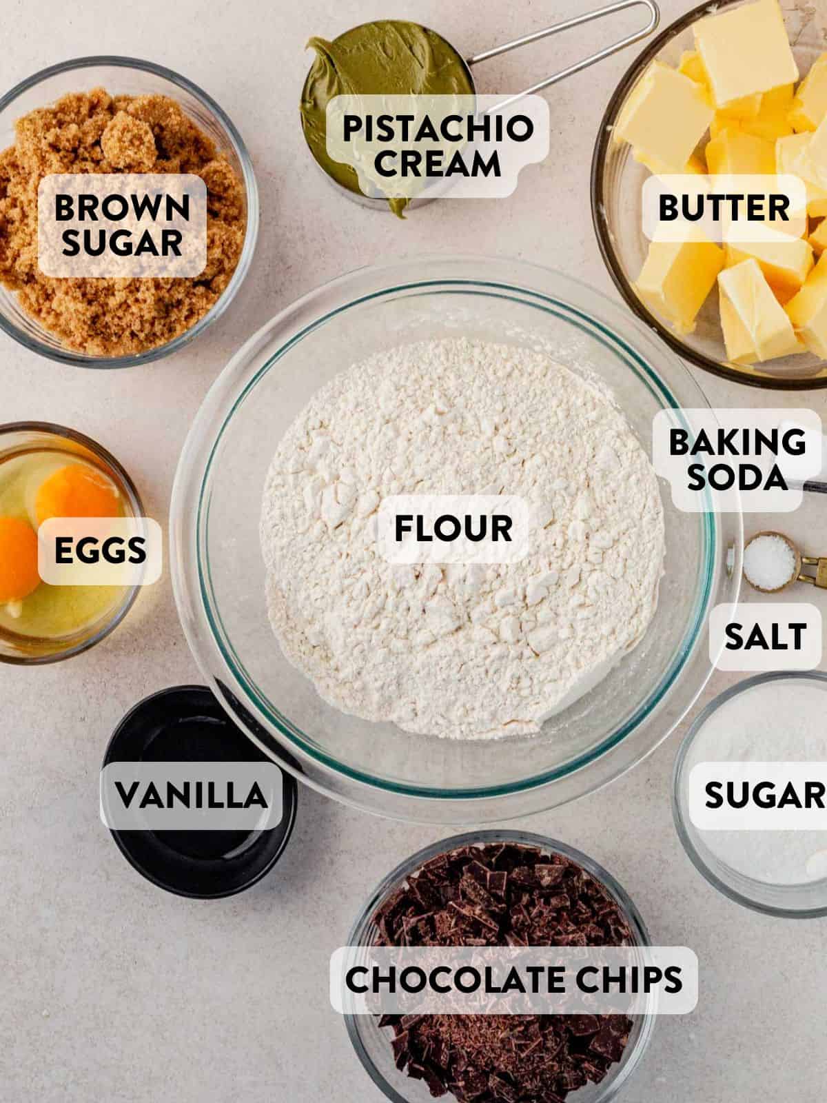 ingredients for brown butter pistachio cookies on a counter.