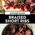 two images of pomegranate short ribs over mashed potatoes and then short ribs braising in a dutch oven.